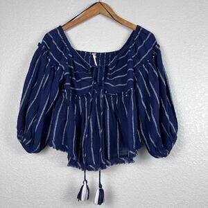 Free People Peasant‎ Top Womens XS Evey Stripe Keyhole Tassel Tie Festival Boho